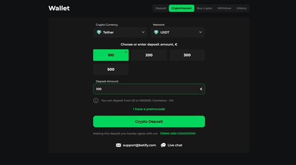 Dépôt crypto Betify